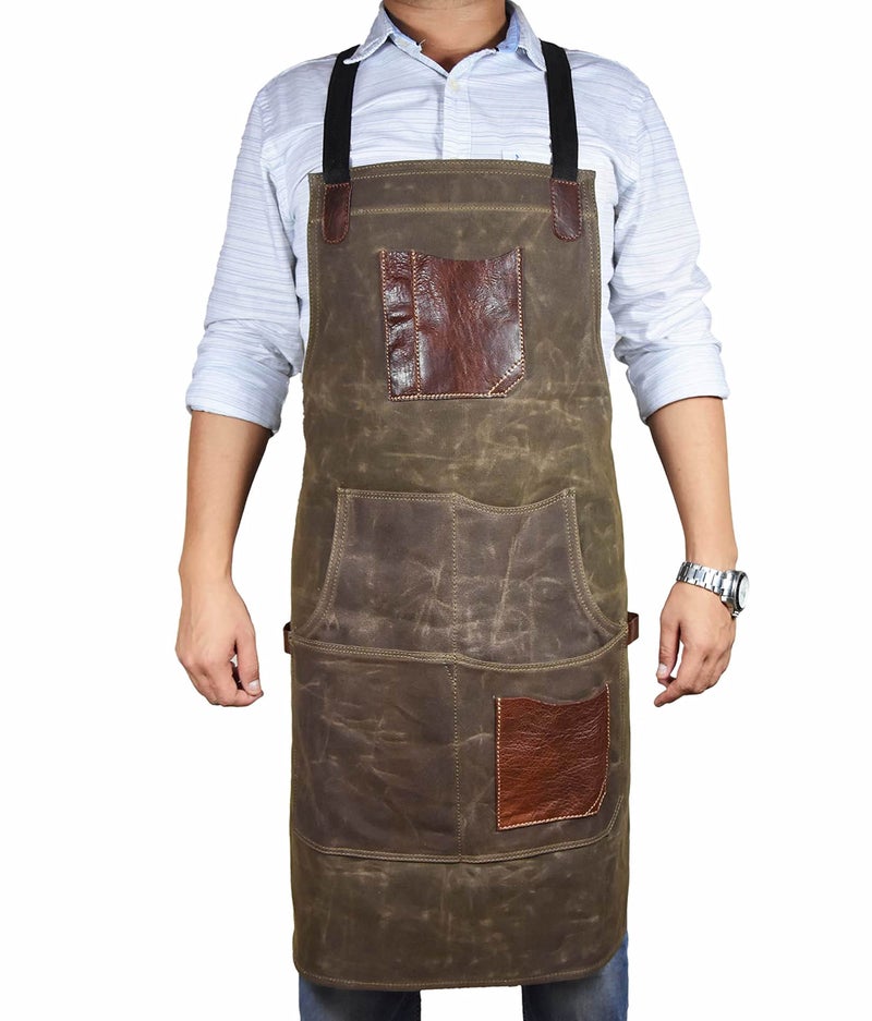AARON LEATHER GOODS VENDIMIA ESTILO One Size Fits Utility Apron  Adjustable CrossBack Straps  MultiUse Shop Apron With Tool Pockets By Aaron Leather Goods Green Canvas Leather
