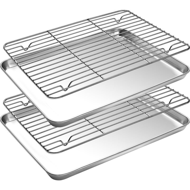 CEKEE Baking Sheet and Cooling Rack Set 4PCS Stainless Steel Cookie Sheets for Baking with Baking Rack Non Toxic  Heavy Duty  Easy Clean Baking Pan Tray for Toaster Oven Size 18 x 12 x 1 Inch