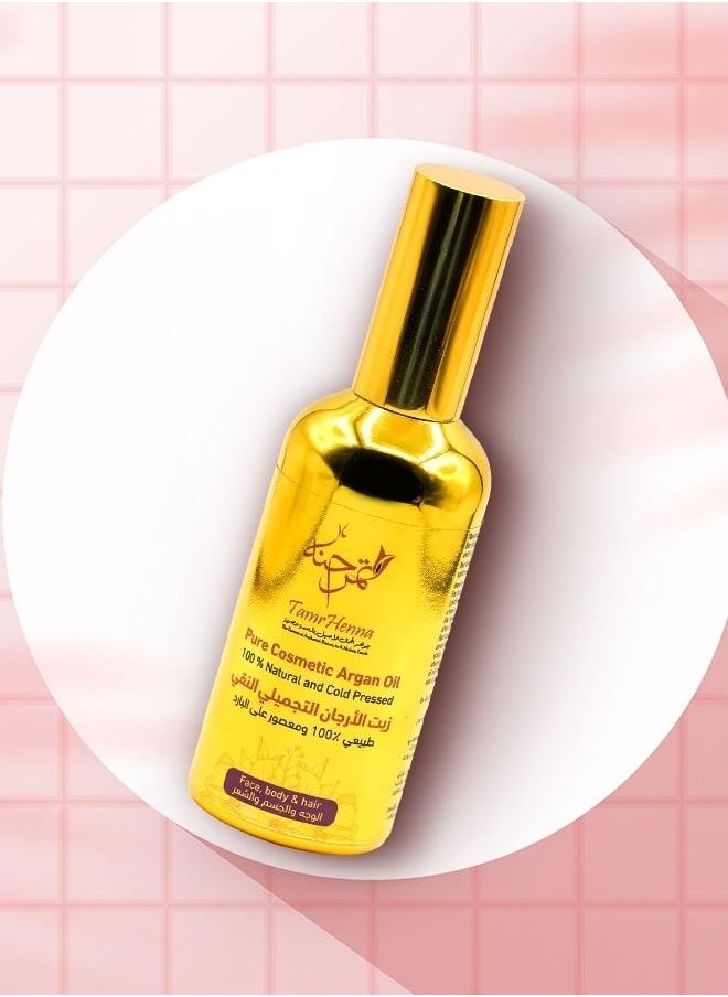 TamrHenna - Pure Cosmetic Argan Oil Cold Pressed Organic Moroccan Argan Oil 100% Pure Natural Moisturizing Hair Oil Body Oil Face Oil Deeply Moisturizing, Anti-Aging Chemical Free 100 ml - Image 1
