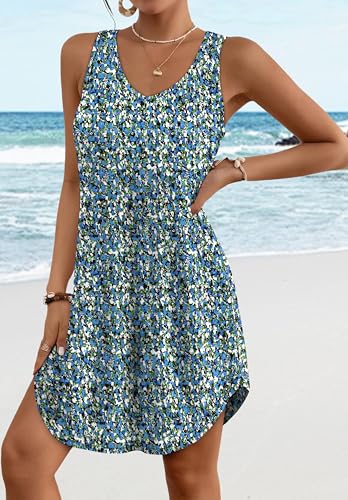 Aokosor Summer Dresses for Women 2026 Vacation Loose V Neck Swing T Shirt Casual Dress Sundresses Floral Blue M - Image 2