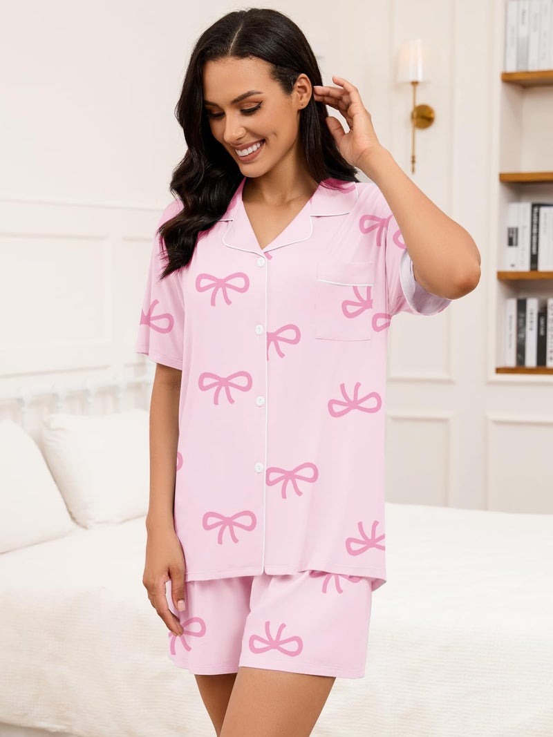 Umeyda Girls Lyocell Button Down Pajamas Set, Nightwear Sleepwear for Kid 2 Pcs Loungewear, Pink Bow, 7-8Y = 140 - Image 5