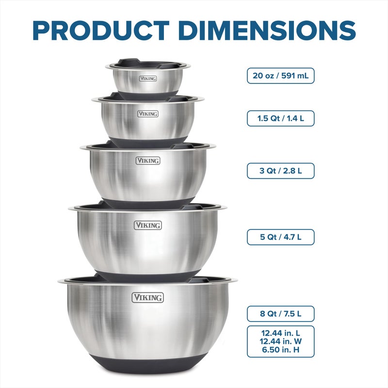Viking Mixing Bowls Set, 10 Piece Stainless Steel Kitchen Cookware, Non-Slip Silicone Base, Includes Tight Fit Lids, Dishwasher Safe, Black - Image 5
