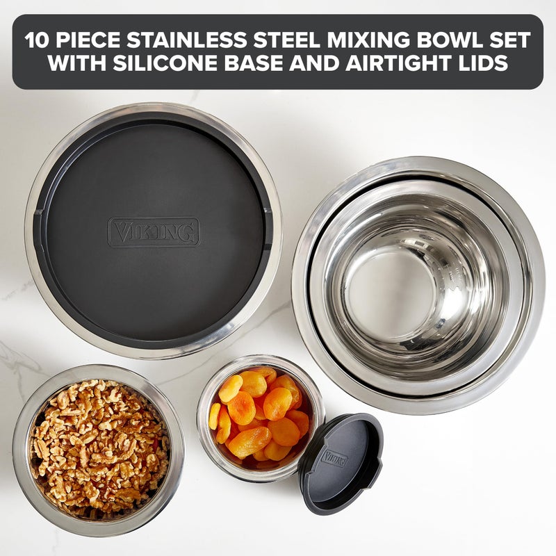 Viking Mixing Bowls Set, 10 Piece Stainless Steel Kitchen Cookware, Non-Slip Silicone Base, Includes Tight Fit Lids, Dishwasher Safe, Black - Image 2