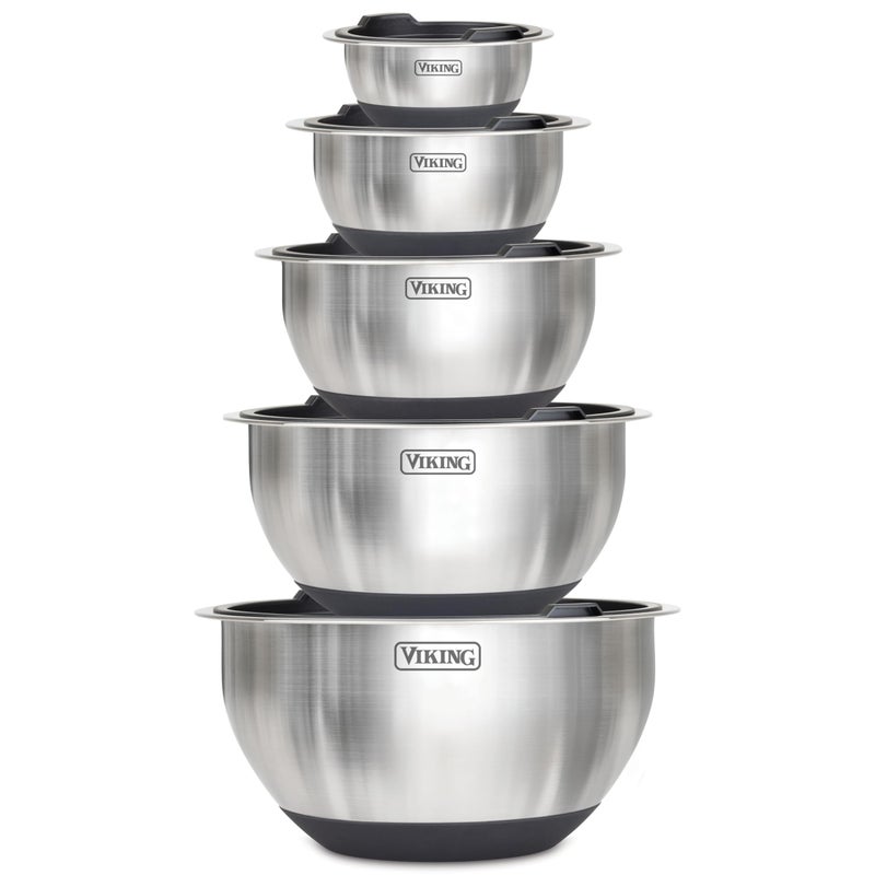Viking Mixing Bowls Set, 10 Piece Stainless Steel Kitchen Cookware, Non-Slip Silicone Base, Includes Tight Fit Lids, Dishwasher Safe, Black - Image 1