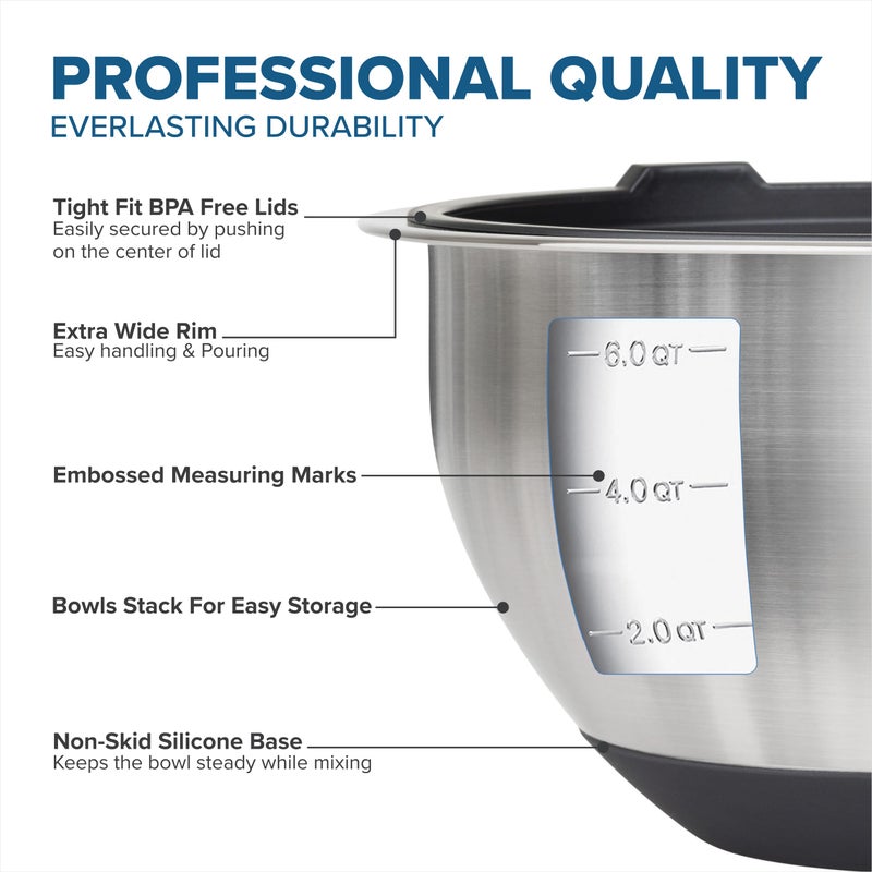 Viking Mixing Bowls Set, 10 Piece Stainless Steel Kitchen Cookware, Non-Slip Silicone Base, Includes Tight Fit Lids, Dishwasher Safe, Black - Image 3