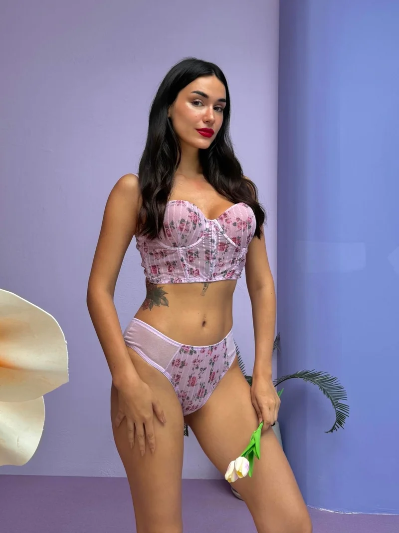 كانسوي Glittery Floral Patterned Supported Lilac Bustier Set (682T)