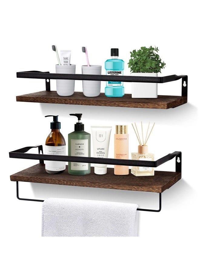 AGM Floating Shelves, Bathroom Floating Shelf Set of 2, Carbonized Black Wall Storage Shelf with Towel Bar, Wall Mounted Shelves for Plants, Book, Bathroom, Bedroom, Kitchen, Living Room Decoration - Image 1