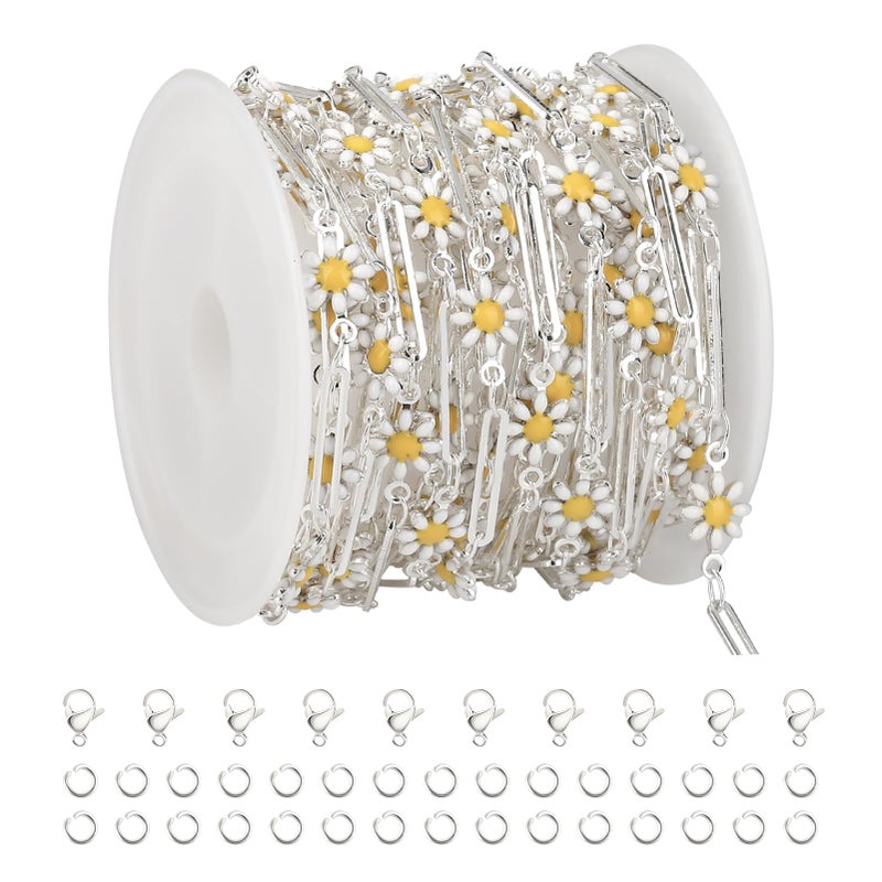 YOUBEIYEE 164 Feet Silver Plated Brass Chain for Jewelry Making Silver Paperclip Chain Enamel Daisy Flower Chains Bulk with Jump Rings Lobster Clasps