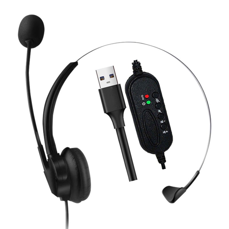 سماعة رأس USB: تصميم أحادي الجانب أسود - إلغاء الضوضاء وكبل طويل جداً طوله 2 متر وصوتيستيريو للمكاتب والمنازل ومراكز المكالمات والعمال عن بعد - Image 1