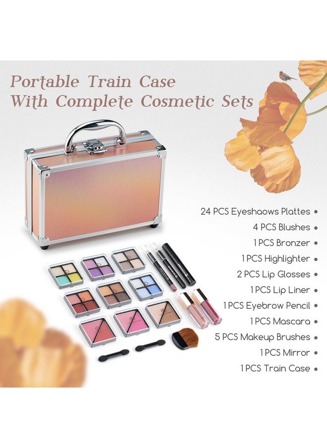 COLOR NYMPH - Beginner Makeup Kits For Teens With Train Case Included Full Makeup Kit Eyeshadow Palette Blushes Bronzer Highlighter Lipstick Brushes Mirror（Gold） - Image 1