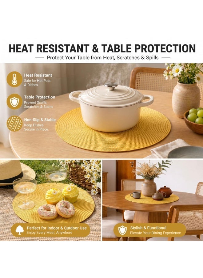 Round Braided Polypropylene Placemats, 38 cm, Washable Non-Slip, Yellow, Set of 6 - Image 5