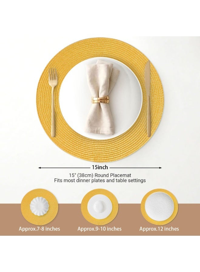 Round Braided Polypropylene Placemats, 38 cm, Washable Non-Slip, Yellow, Set of 6 - Image 2