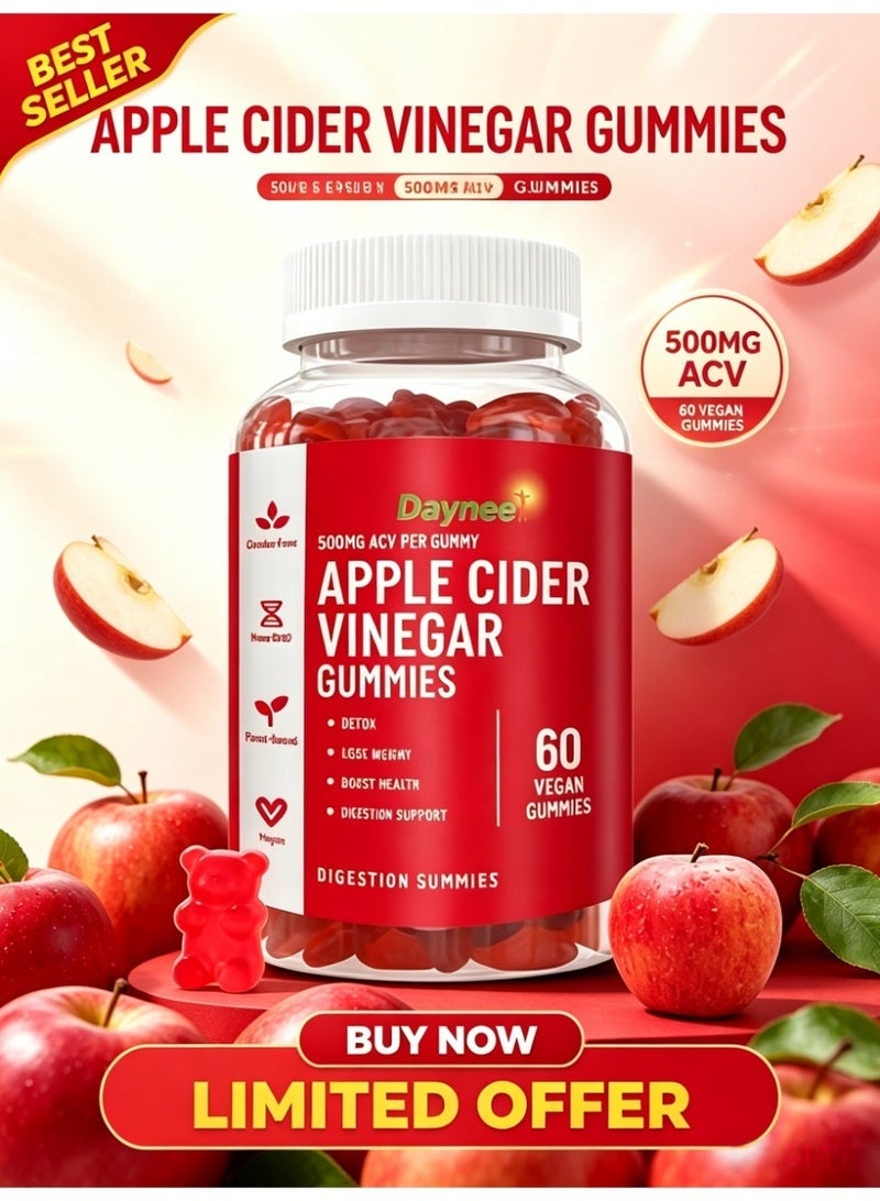 Daynee Sugar-Free Apple Cider Vinegar Gummies, 500mg ACV Per Gummy 60 Vegan Soft Chews, Detox Digestive Metabolism Support for Men & Women - Image 2