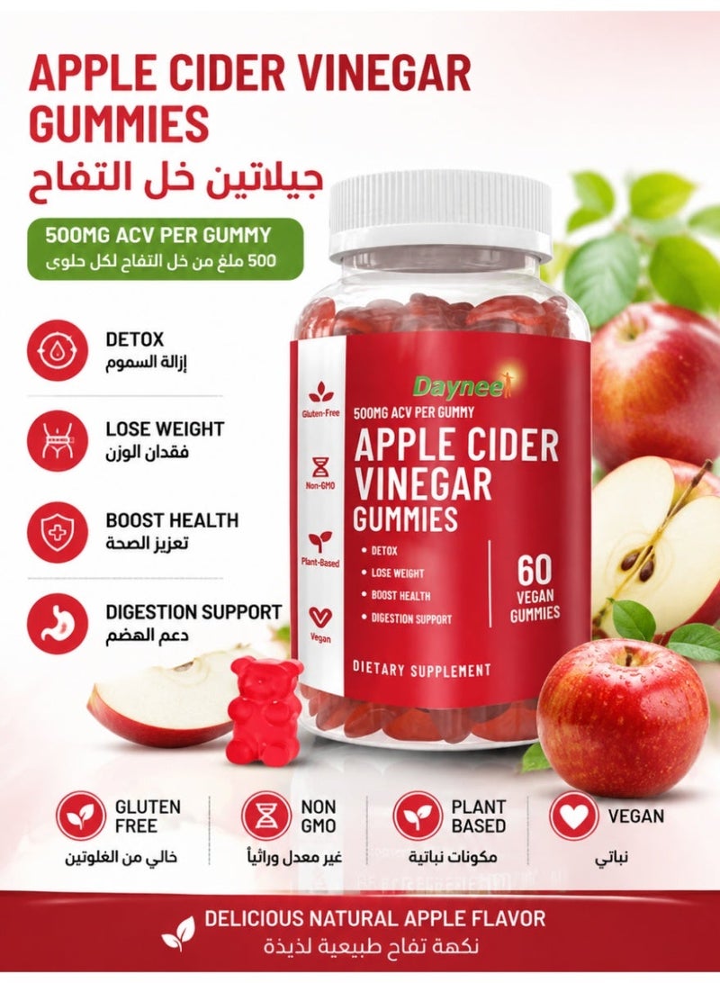 Daynee Sugar-Free Apple Cider Vinegar Gummies, 500mg ACV Per Gummy 60 Vegan Soft Chews, Detox Digestive Metabolism Support for Men & Women - Image 1