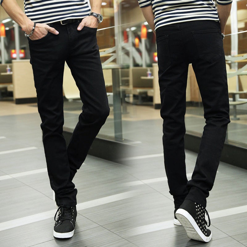 Mens Stretch Slim-Fit Ripped Jeans Spring Autumn Pure black jeans 