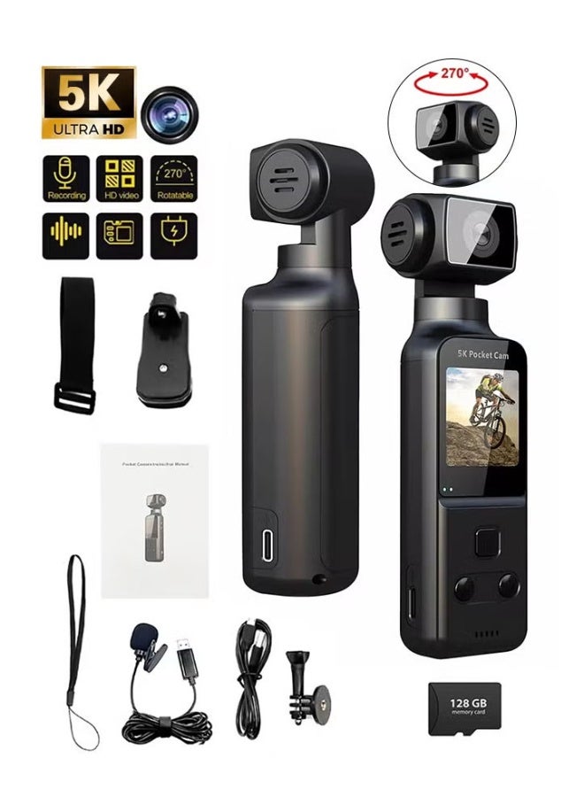 5K HD Anti-Shake Sports Body Camera, 270 Degree Rotation Portable Sport Motion Camera with Mic Clip Outdoor Riding Shooting Vlog, 1.3Inch Screen Pocket Digital Cam, Included 128G Card,1000mAh Rechargeable - Image 1