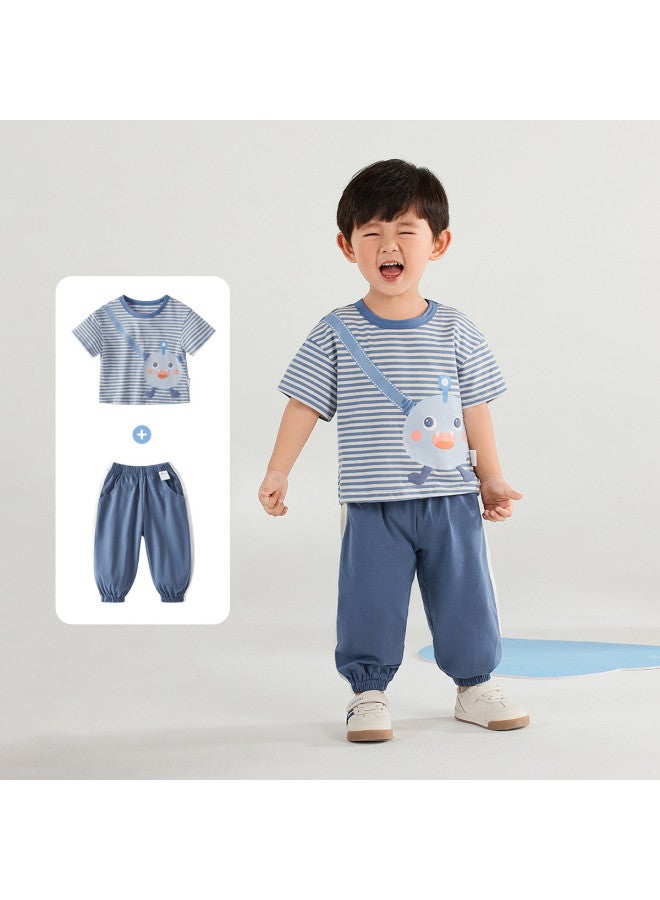 JELLYBABY 【حلو ولطيف مطبوع مقلم بأكمام قصيرة】طقم صيفي محايد من قطعتين للأطفال، ملابس خفيفة كارتونية طاردة للبعوض - Image 2