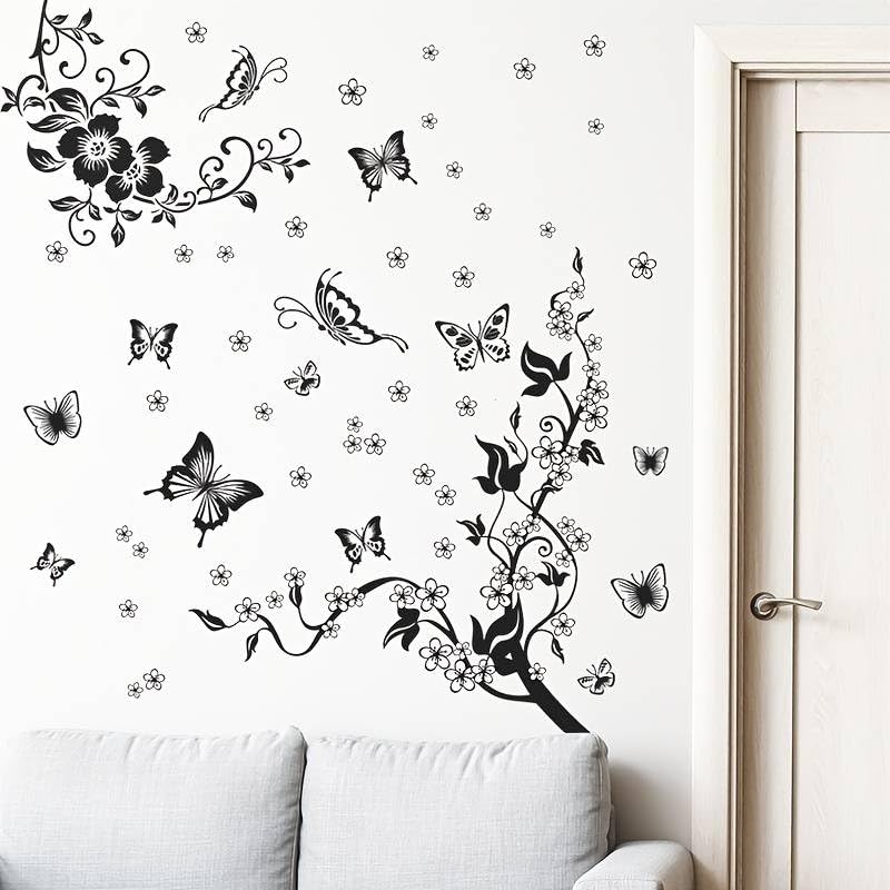 Xtore Butterfly and Flower Design Wall Sticker for Home | Office | Kitchen Decor (Pack of 1, Black) - Image 3