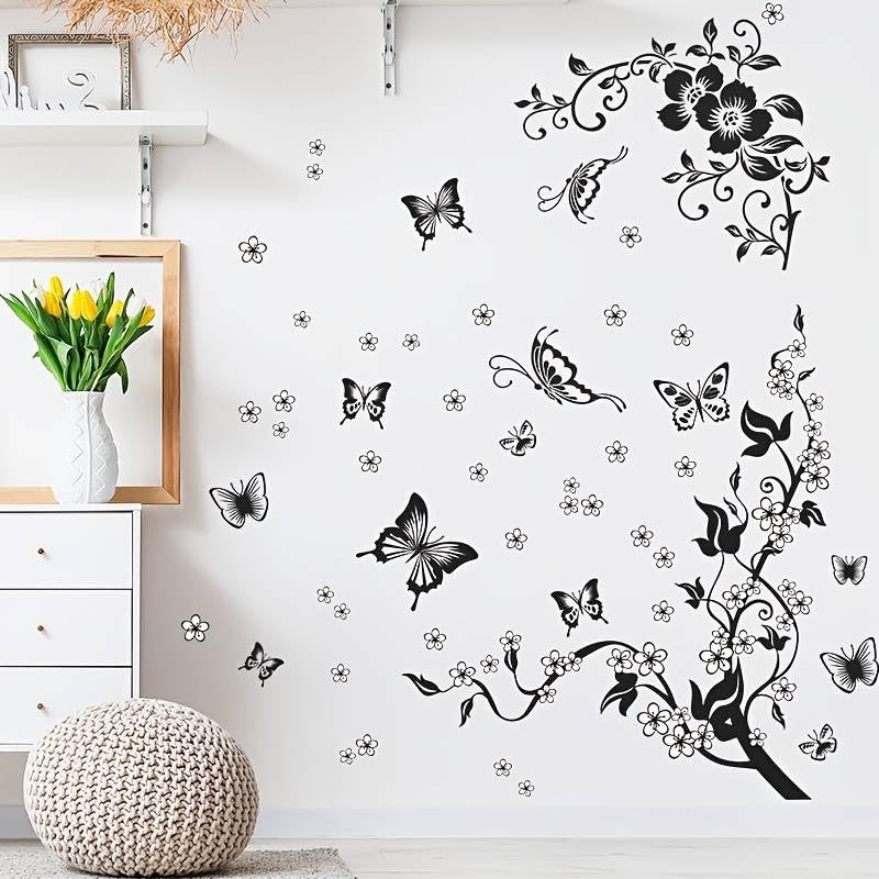 Xtore Butterfly and Flower Design Wall Sticker for Home | Office | Kitchen Decor (Pack of 1, Black) - Image 1