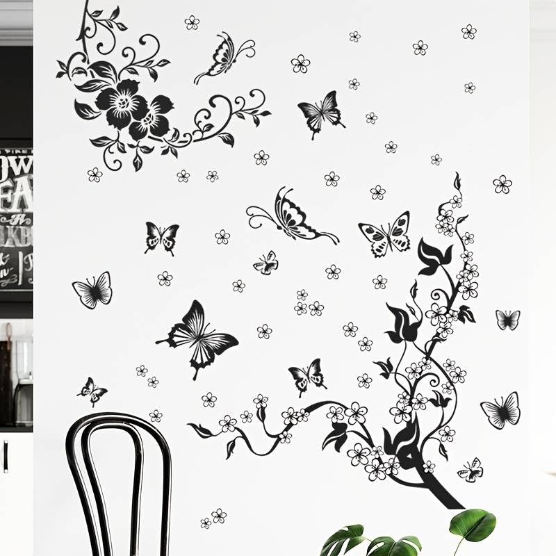 Xtore Butterfly and Flower Design Wall Sticker for Home | Office | Kitchen Decor (Pack of 1, Black) - Image 2