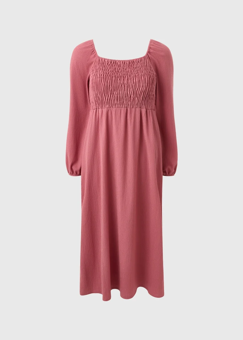 Raspberry Shirred Long Sleeve Midi Dress
