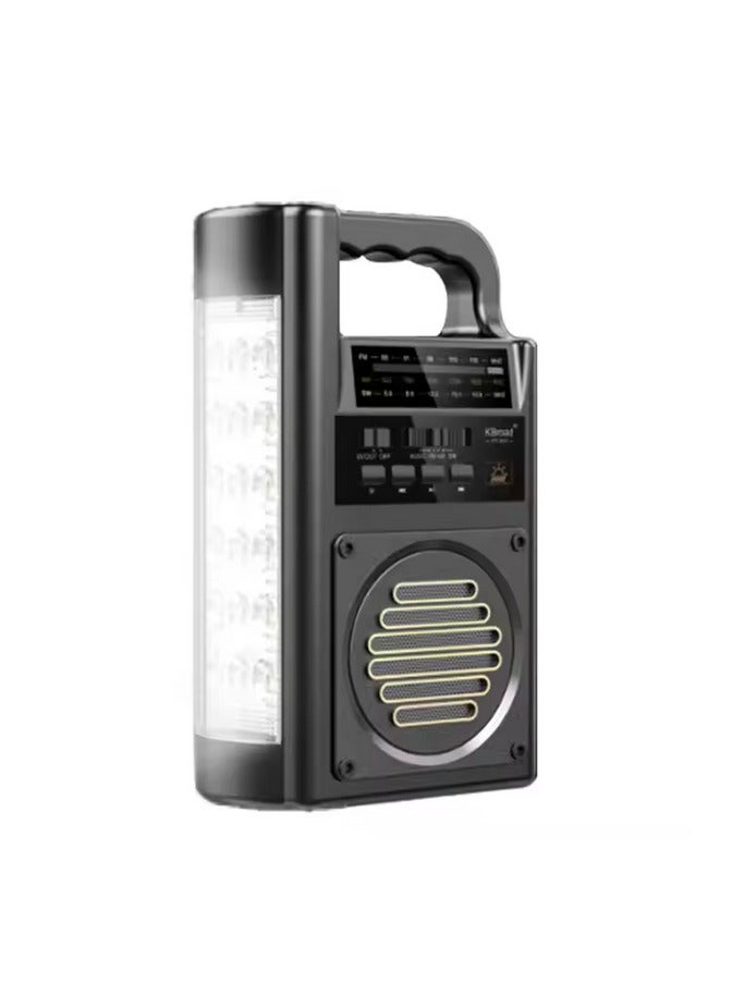 Portable spotlight, side lamp, speaker and radio with rechargeable battery and solar energy.