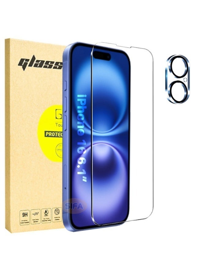 Glass - Hd Tempered Glass Screen Protector + Camera Lens Protector Kit for iPhone 16 6.1", [Shatterproof and Shockproof][9H Hardness][Bubble Free][Scratch Resistant] with Installation Tool (Boxed, 1+1 Pack) - Image 1