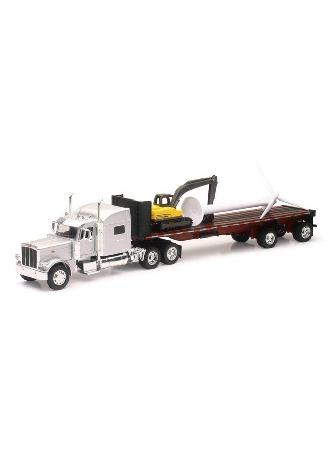 NewRay New Ray Peterbilt 389 Truck with Flatbed Trailer Silver Metallic with Excavator and Wind Turbine Long Haul Truckers Series 1/32 Diecast Model - Image 2