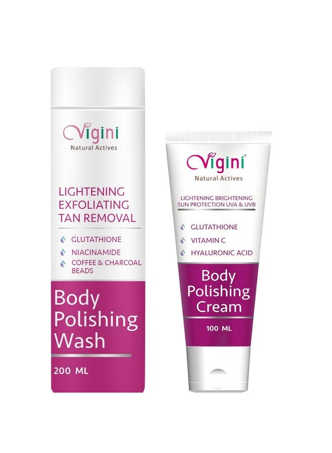 Vigini Body Skin Lightening Brightening Polishing Moisturizing Exfoliating Glowing Scrub Wash Cream Kit Men Women 300ml Sunblock SPF 30, D Tan Dark Spots Removal Glutathione, Niacinamide, Vit C - Image 1