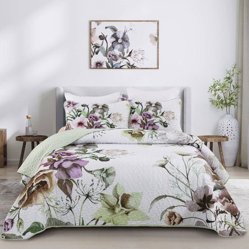 Drucon Floral Quilt Set Queen 3 Pieces Boho Green Quilt Coverlet Set Soft Microfiber Lightweight Green Quilted Bedspread for All Season 90x96 