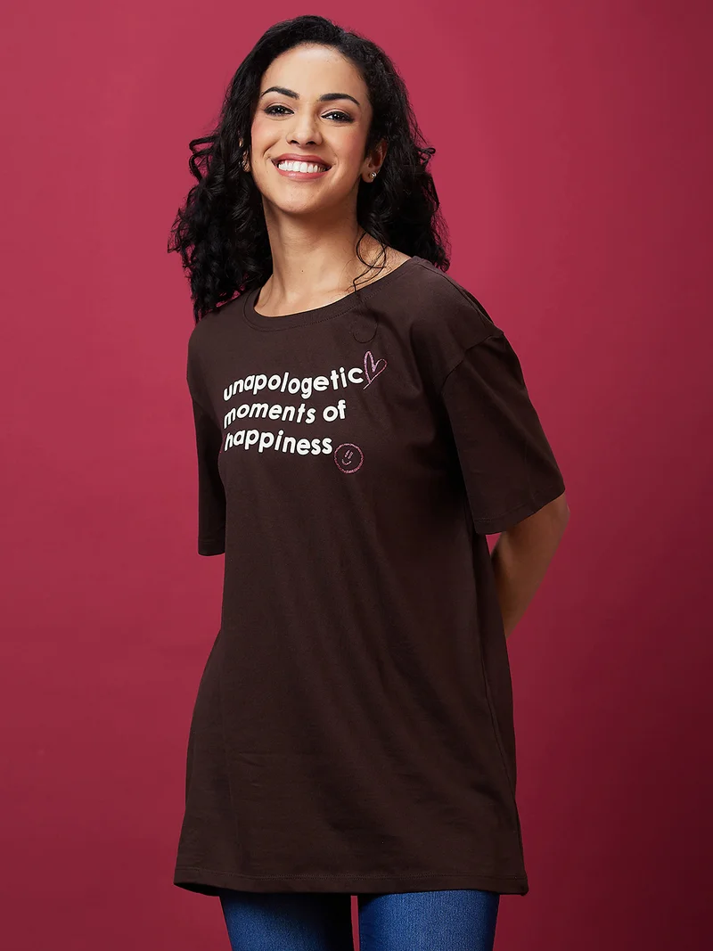globus Women Typography Printed Pure Cotton Longline T-Shirt