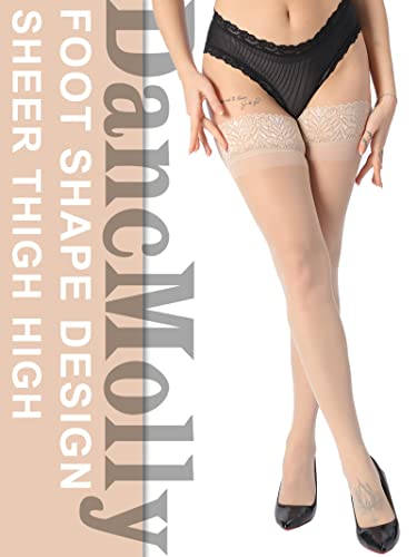 DancMolly Lace Thigh High Stockings, 2 Pairs Women's Rich Colors Silky Sheer Anti-Slip Silicone Pantyhose (Nude, A) - Image 5