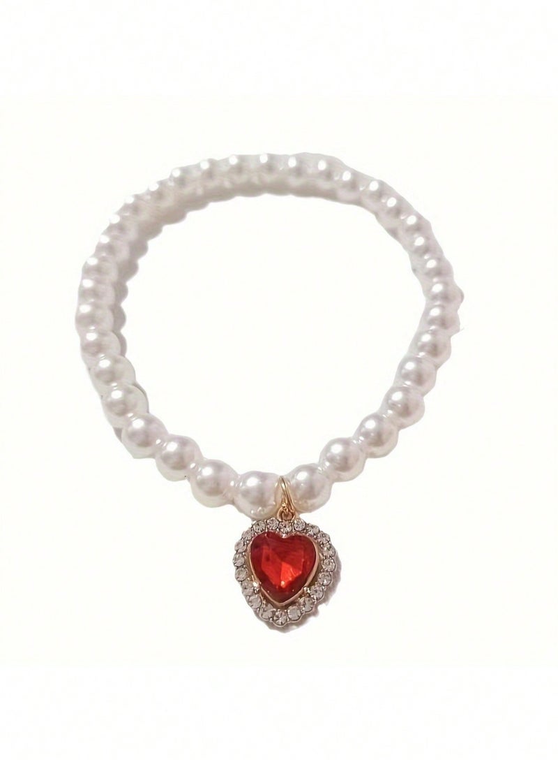 1 قطعة عقد لؤلؤي أنيق للحيوانات الأليفة مع قلادة كريستالية عتيقة على شكل قلب، طوق لؤلؤي للقطط، إكسسوارات عصرية لعقود القطط