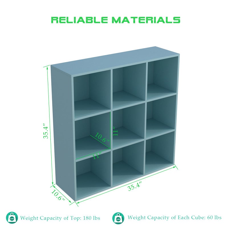 OSCHF 9-Cube Storage Shelf Bookcase - Wooden 3-Tier Floor Standing Open Bookshelf for Home and Office, Display Cabinet, Light Blue - Image 2