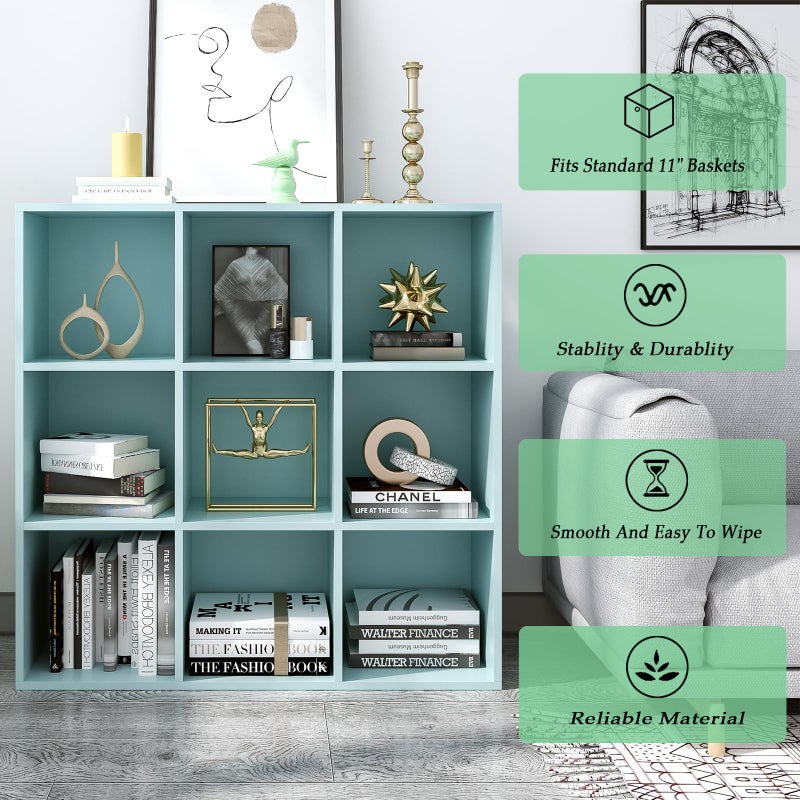 OSCHF 9-Cube Storage Shelf Bookcase - Wooden 3-Tier Floor Standing Open Bookshelf for Home and Office, Display Cabinet, Light Blue - Image 4