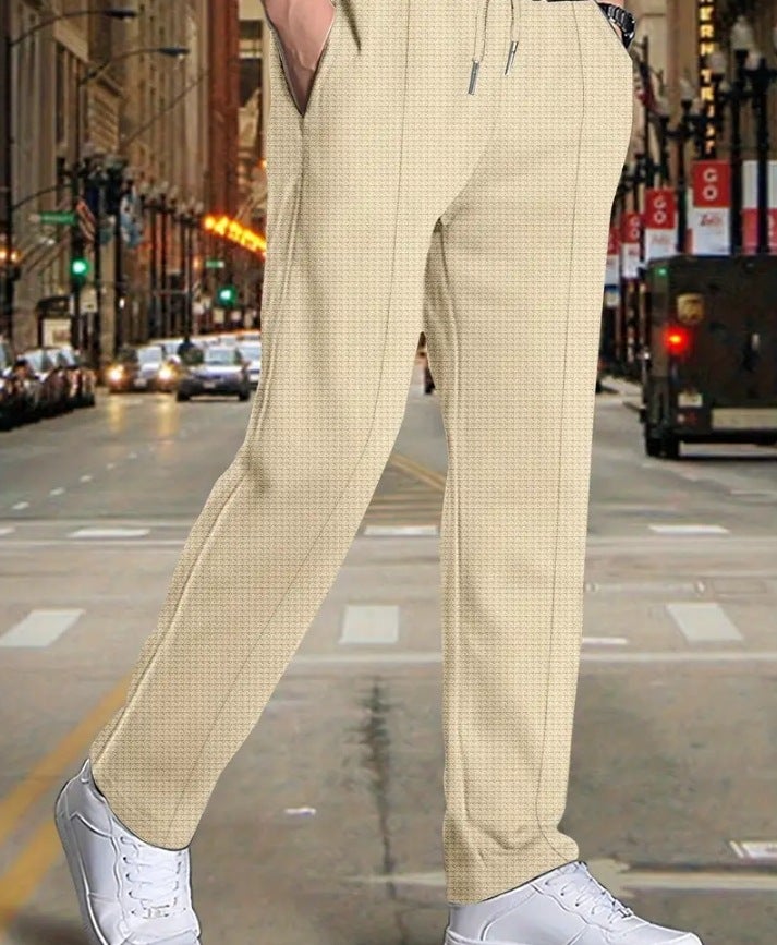 Amazon Independent Station European and American Foreign Trade 2024 Summer New Mens Waffle Drawstring Sports Casual Pants Men Apricot - Image 1