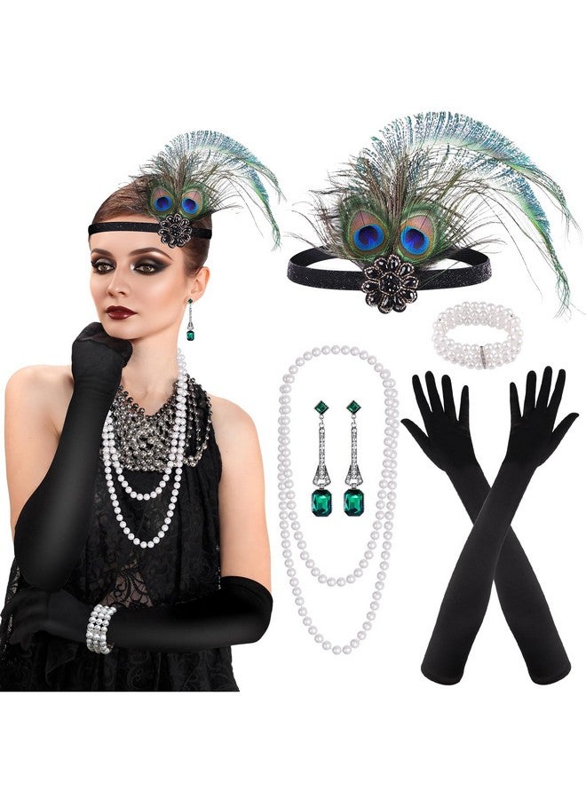 PLULON 7 Pieces 1920S Flapper Great Gatsby Accessories Set Fashion Roaring 20'S Theme Set With Headband Headpiece Long Black Gloves Necklace Earrings For Women(Style 5)  - Image 1