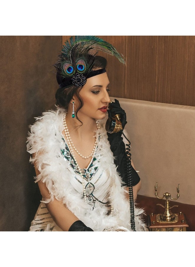 PLULON 7 Pieces 1920S Flapper Great Gatsby Accessories Set Fashion Roaring 20'S Theme Set With Headband Headpiece Long Black Gloves Necklace Earrings For Women(Style 5)  - Image 3