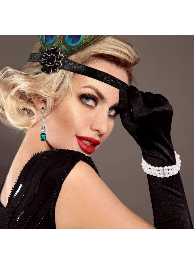 PLULON 7 Pieces 1920S Flapper Great Gatsby Accessories Set Fashion Roaring 20'S Theme Set With Headband Headpiece Long Black Gloves Necklace Earrings For Women(Style 5)  - Image 4