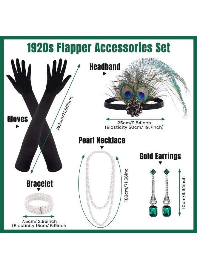 PLULON 7 Pieces 1920S Flapper Great Gatsby Accessories Set Fashion Roaring 20'S Theme Set With Headband Headpiece Long Black Gloves Necklace Earrings For Women(Style 5)  - Image 2