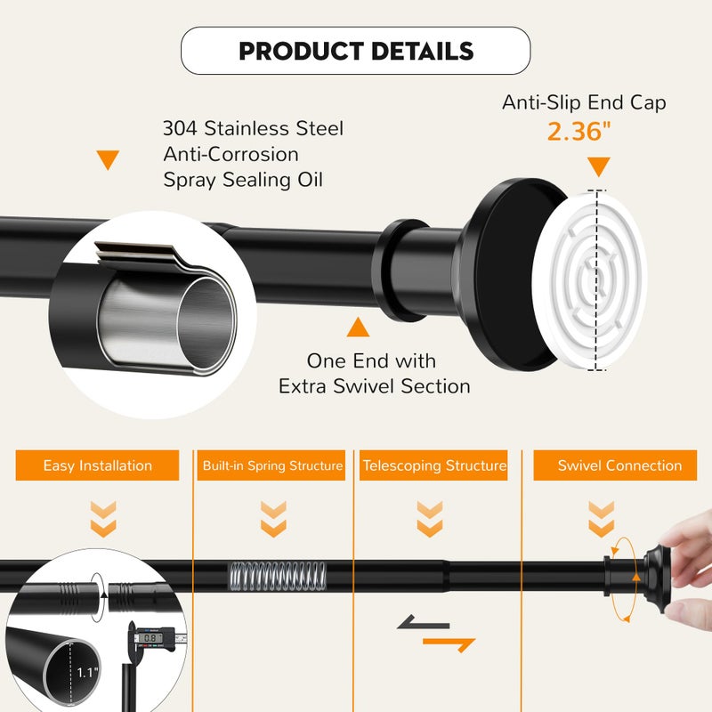Widyana Tension Curtain Rod, Extra Long Outdoor Curtain Rod 43-131 Inch Adjustable, 1.1 Inch Diameter Thick Heavy Duty Black Spring Curtain Rod, Stainless Steel Shower Rod for Bathroom No Drilling, No Rust - Image 5