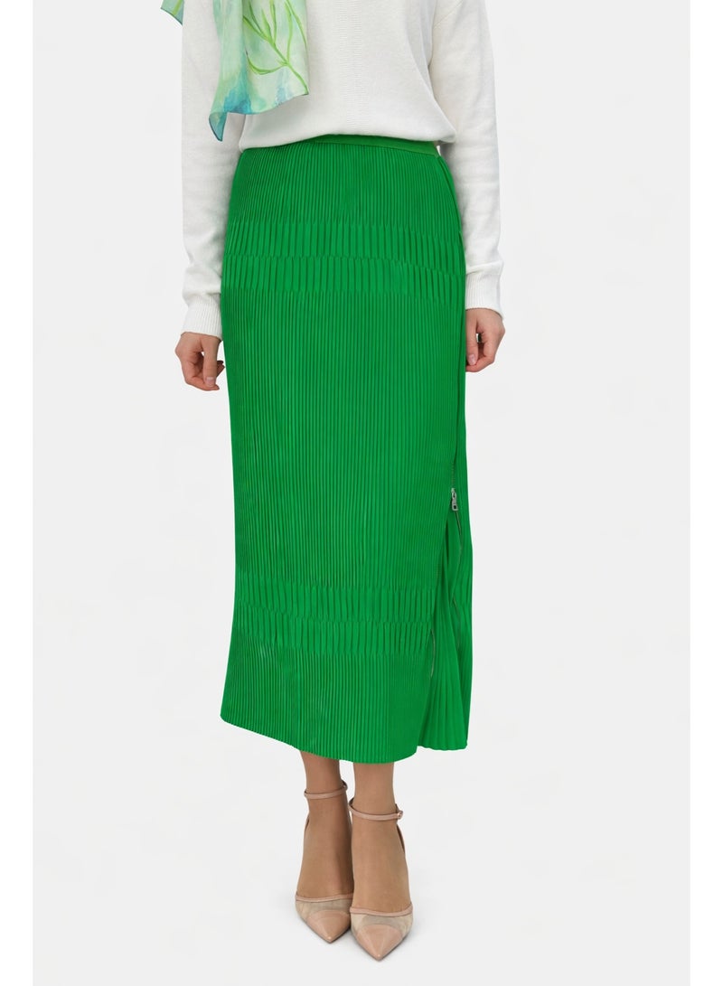MissWhence Zipper-Detail Pleated Midi Skirt - Emerald - Image 1
