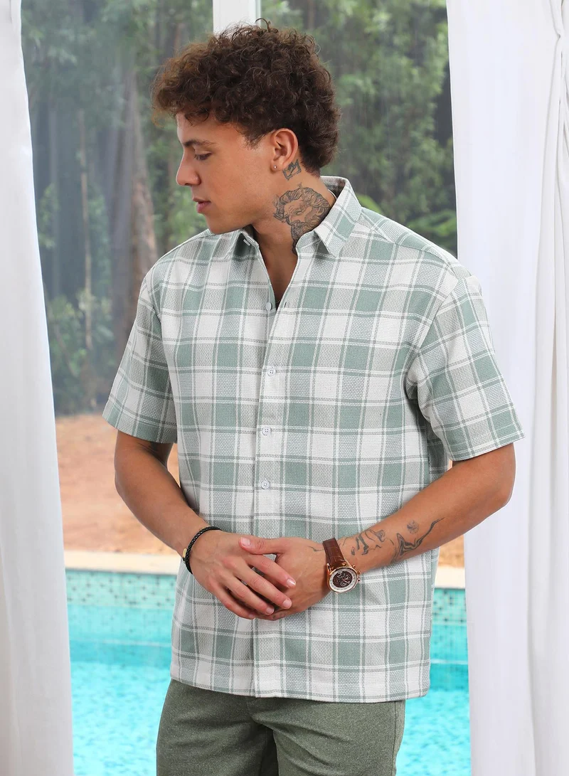 CAHOOT  Men's Sage Green & Powder White Buffalo Check Shirt for Men | Best Price UAE