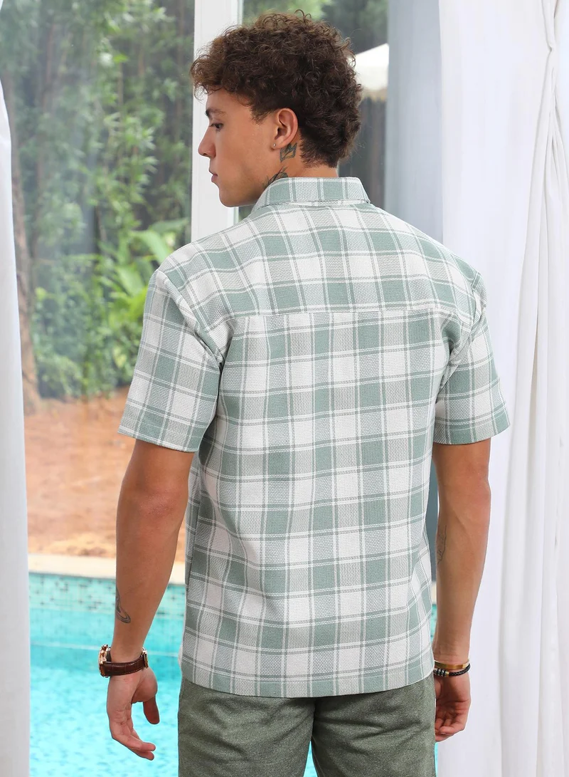 CAHOOT  Men's Sage Green & Powder White Buffalo Check Shirt for Men | Best Price UAE