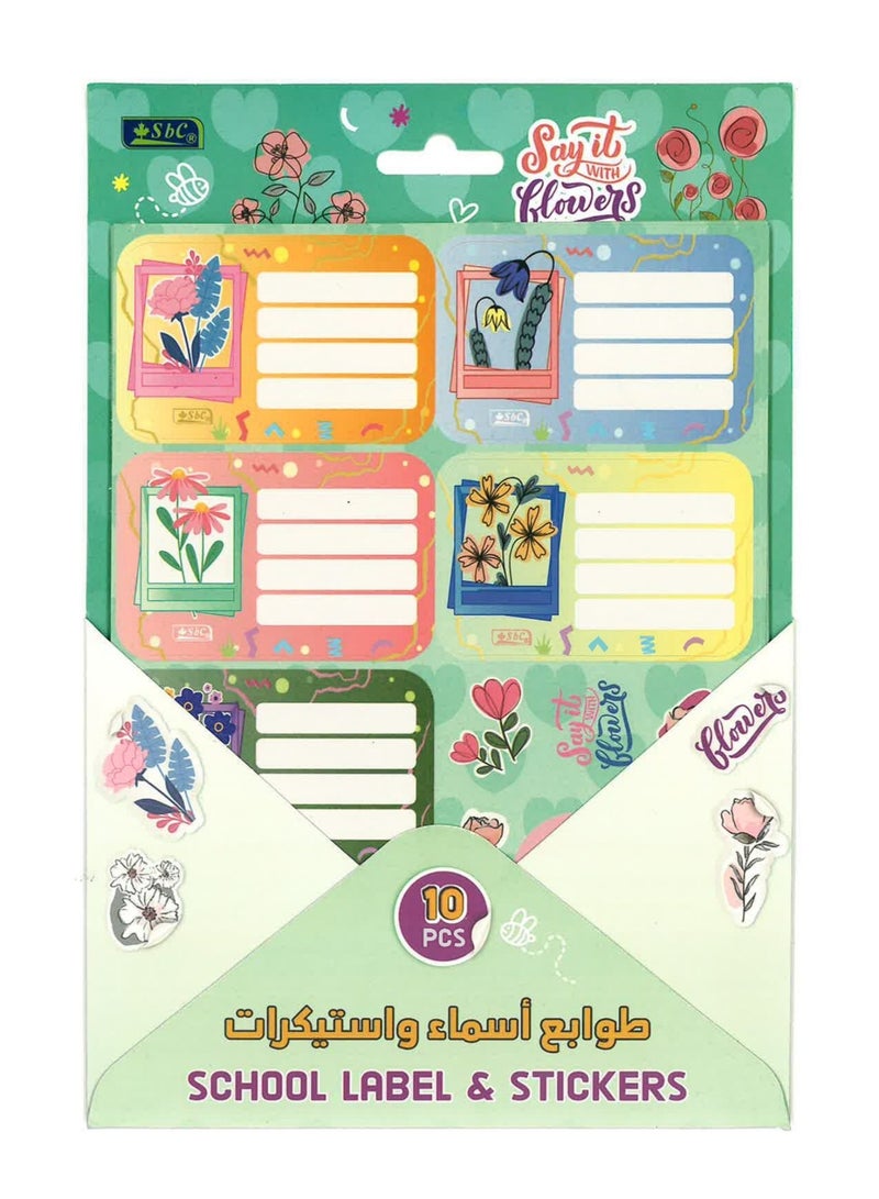 SBC 10-Sheet Name Labels And Stickers For School Say It With Flowers Design - Image 1