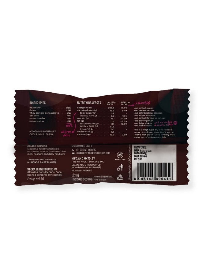 The Whole Truth Hazelnut Cocoa Protein Bar With 12G Protein (Pack Of 6) No Added Sugar No Added Flavour No Preservatives All Natural - Image 2