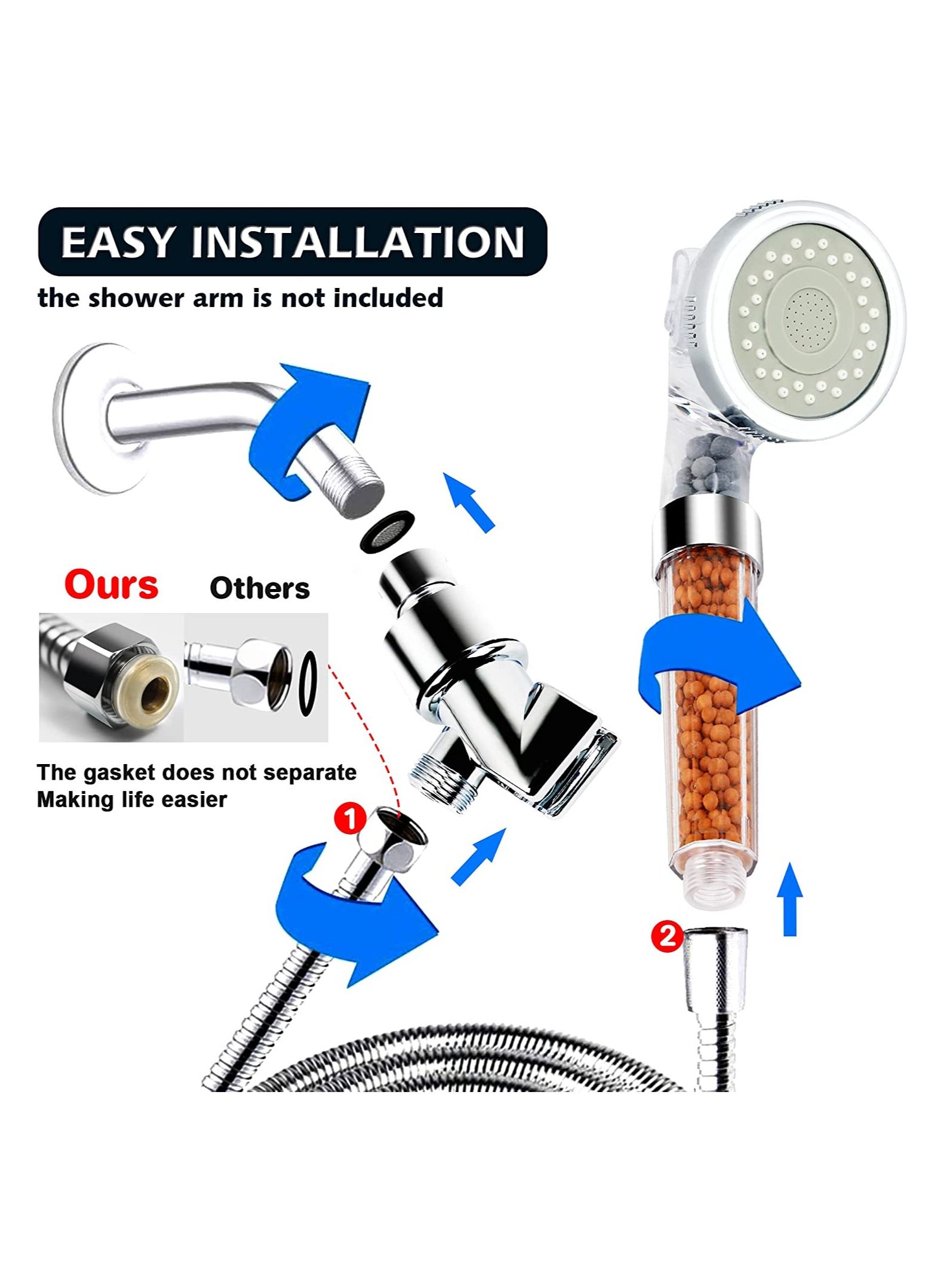 3 Mode High pressure shower head, ionic function spray handheld filter for hair loss and clean water. 