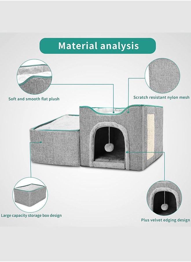 أوكيوز - سرير قطط داخلي بتصميم طبقة مزدوجة مع كرة قطيفة معلقة ووسادة خدش، قابل للطي، يمكن أن يتحمل سرير قطط بوزن 100 رطل، رمادي - Image 1