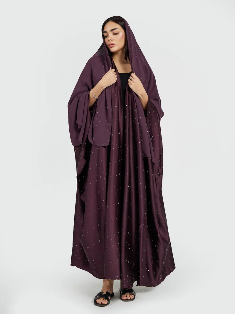 Women's Plum Purple Crystal Sprinkled Abaya - Soft Modest Drape