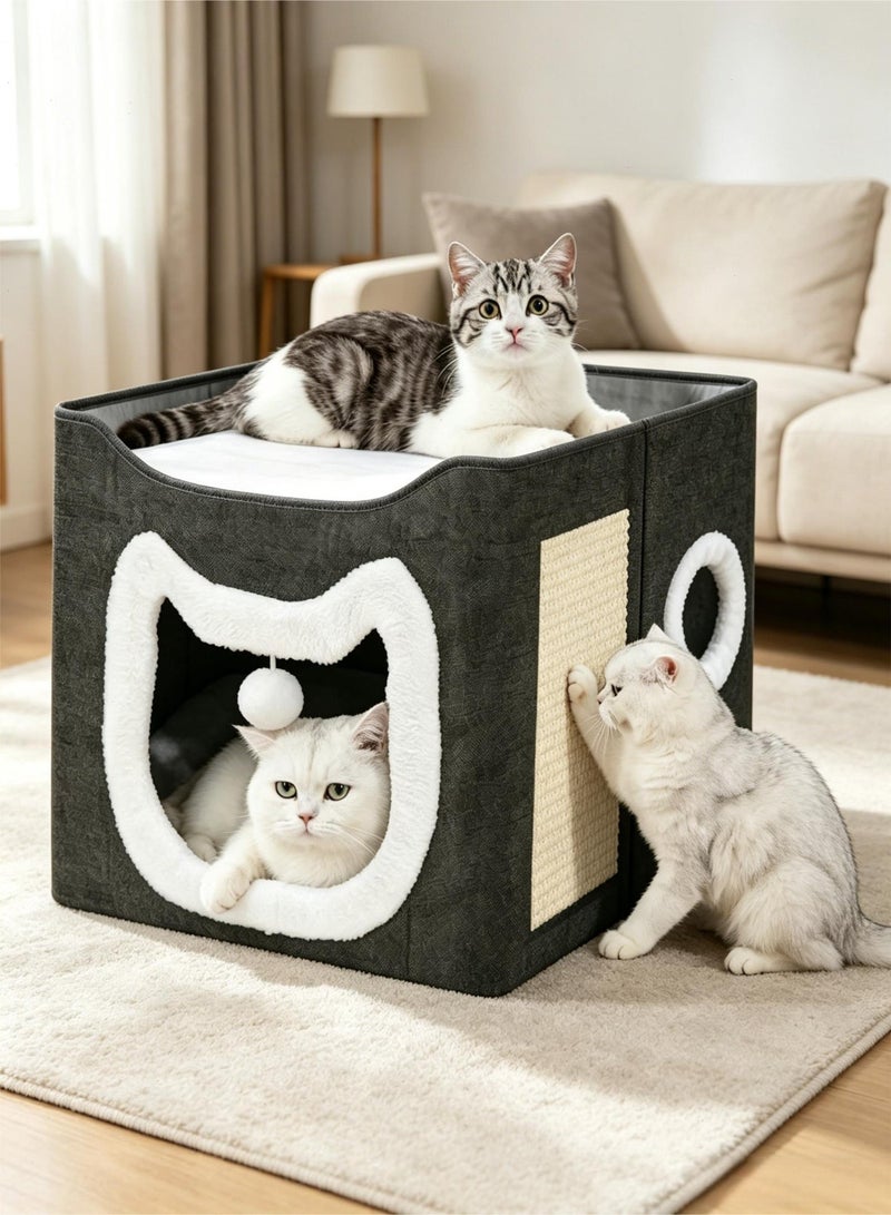 Topyich 2-in-1 Foldable Cat Bed Cave, Cat House with Scratching Pad & Interactive Ball, Large Condo for Indoor Cats, Kittens & Small Pets - Image 1